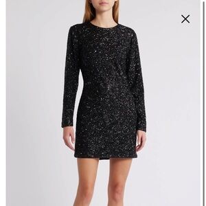 Frame black sequin embellished long sleeve mini dress holidays party NYE beaded